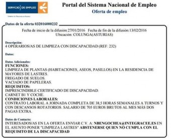 Oferta de Empleo para trabajar en Residencia de Ancianos de Lastres