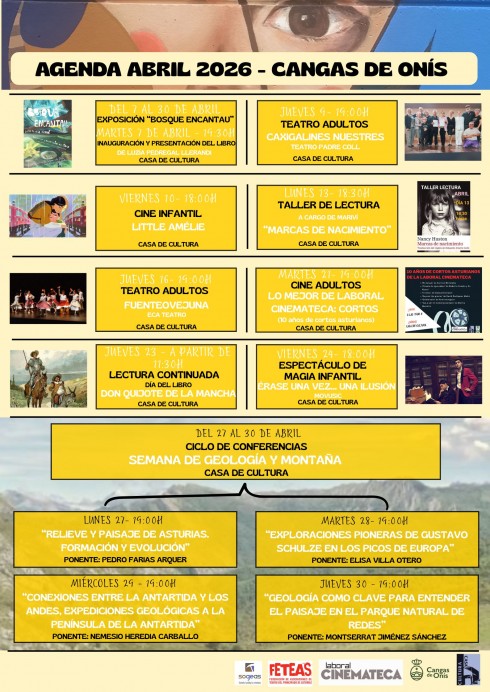 Agenda cultural de abril 2026 en Cangas de Onís: teatro, cine, lectura y conferencias en la Casa de Cultura