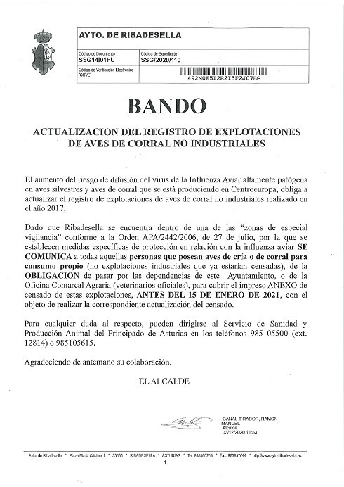 Actualización del registro de explotaciones de aves de corral no industriales