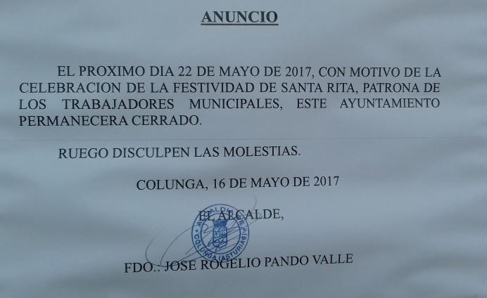 El lunes el Ayuntamiento de Colunga permanecerá cerrado