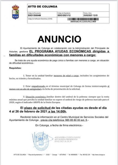 Ayudas económicas a familias en dificultades económicas con menores a cargo.