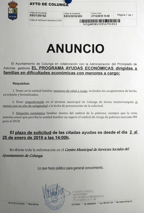 Ayudas económicas del Ayuntamiento de Colunga