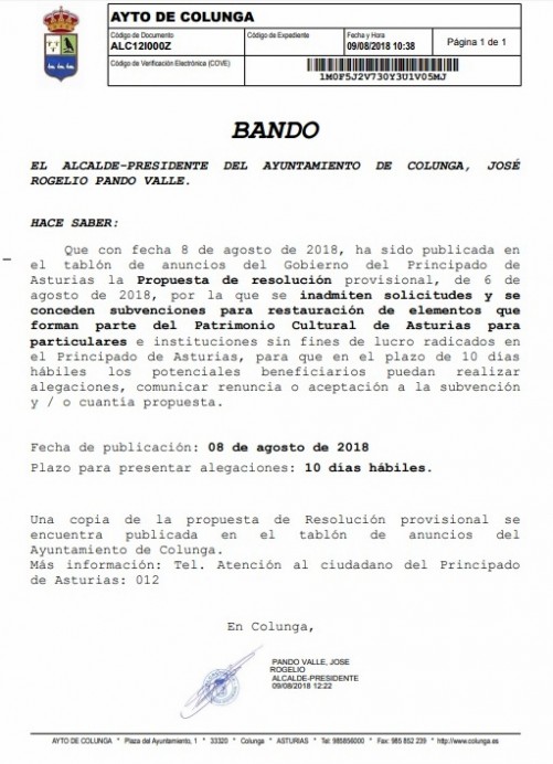 PROPUESTA PROVISIONAL SUBVENCIONES REPARACIÓN HÓRREOS Y PANERAS