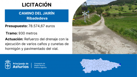 Medio Rural licita las obras del camino del Jairín, en Ribadedeva, por 78.000 euros