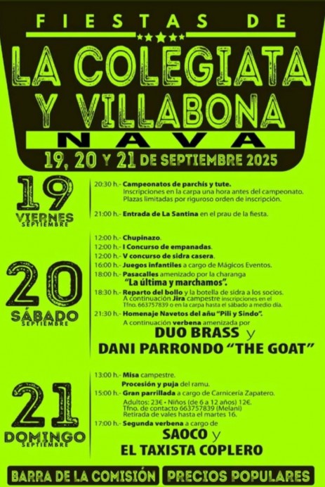 Nava celebra las Fiestas de La Colegiata y Villabona 2025 con música, concursos y tradiciones