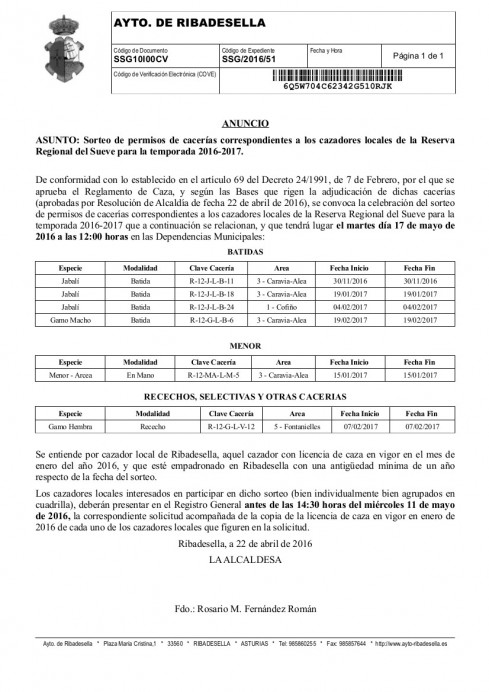 Sorteo permisos cacerias Reseva Nacional del Sueve