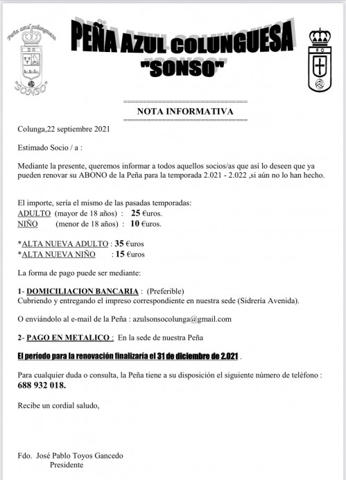 Campaña de renovación de socios de la Peña Azul Sonso