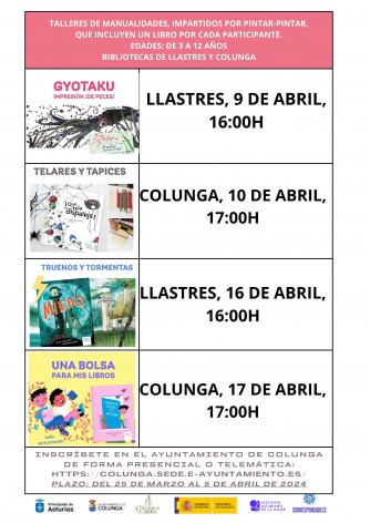 4 talleres de manualidades - lectura en las bibliotecas de Colunga y Llastres, para el mes de abril - Correponsables