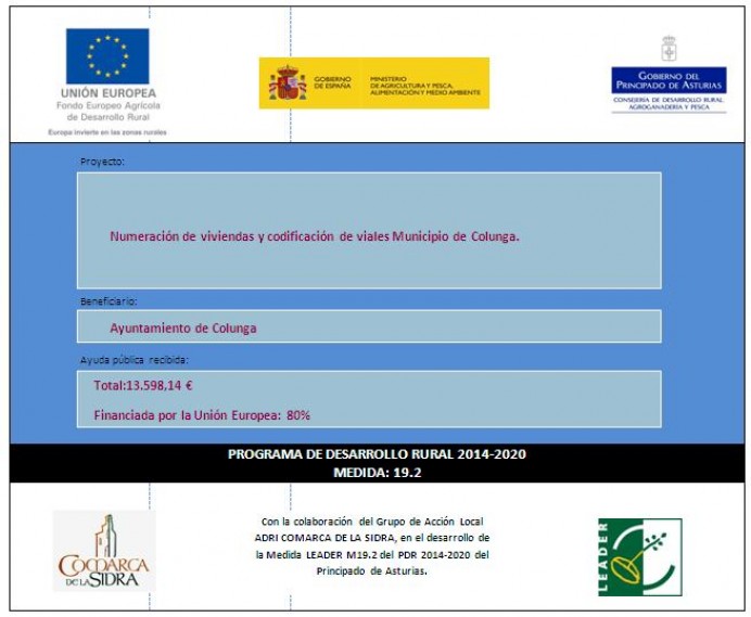 Ayuda Leader: Numeraciòn de viviendas y codificación de viales - Municipio de Colunga