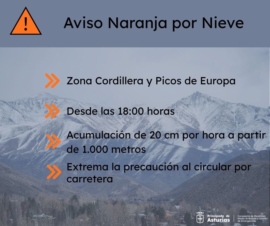 Aemet activa aviso naranja por nevadas en la Cordillera y Picos de Europa