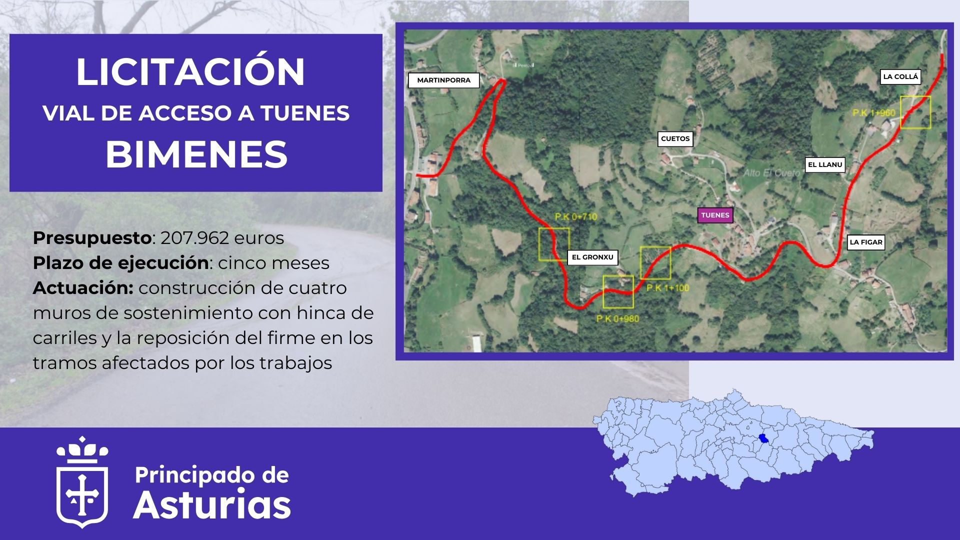 Fomento licita por 208.000 euros la obra de mejora del vial de Tuenes, en Bimenes Fomento licita por 208.000 euros la obra de mejora del vial de Tuenes, en Bimenes